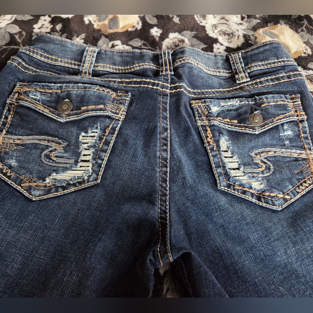 Silver Suki Slim Bootcut Jeans Women's Dark Blue Distressed Denim